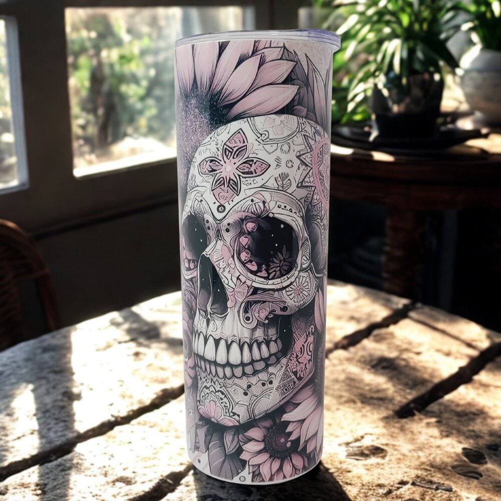Pink Skull & Sunflower Tumbler – Sublimated by Scott Heil (The Crowing Hen) 🖤